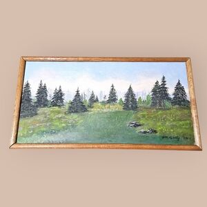 Vintage 1950 Oil Painting Canvas Board, Signed G.M. Bradly Lake. Forest 25x13"